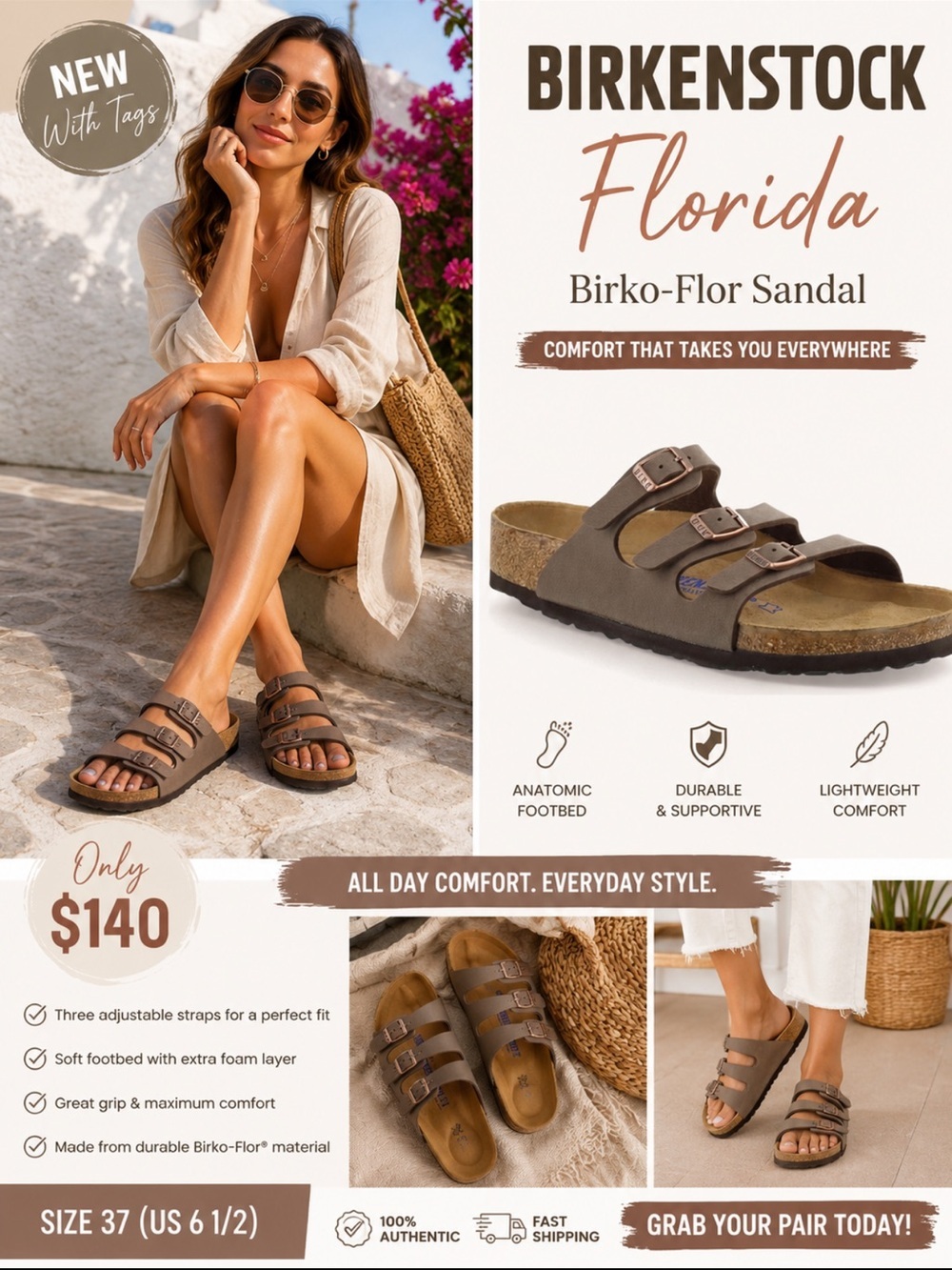 Birkenstock Women's Florida Birko-Flor Sandal size 37 US size 6 6 1/2